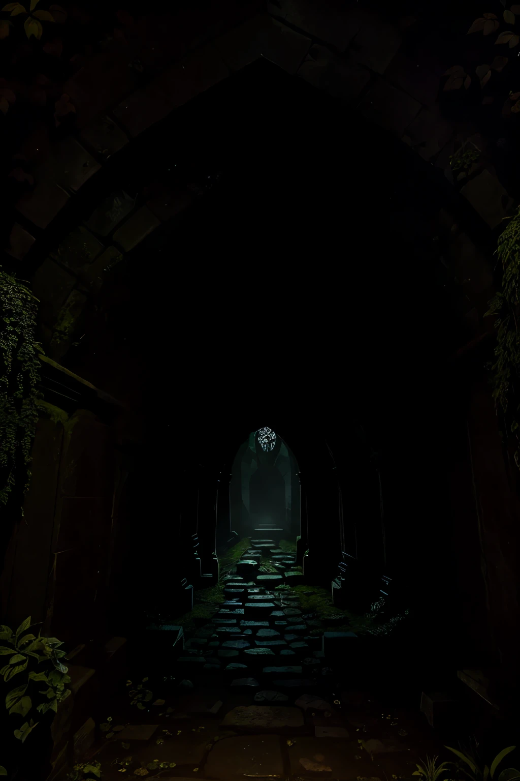 The crypt's entrance, shrouded in dense foliage, is nearly concealed by the relentless growth of vines and moss. The stone arch, bearing the weight of time, is worn and crumbling, its surface resembling the intertwined skeletal fingers of the vegetation. A rusted iron door groans pitifully as it opens, revealing the darkness within.
Stepping into the crypt, the air is thick and frosty, carrying an acrid scent of damp and decay that permeates every corner. The stone floor is coated in a fine layer of dust, save for the footprints left by the audacious few who have ventured within. The walls are