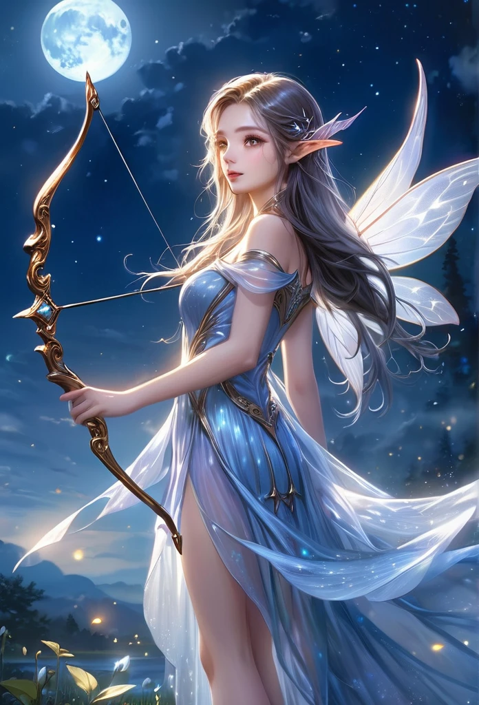 under a wonderful moonlight,clouds,stars,a beautiful fairy(((full body )))ethereal,translucent wings,long elf ear,gracefully shoots an arrow,beautiful fairy,long hair,short flowing dress,best quality,hyper detailed ,perfect anatomy, fantasy illustration,work of art,charming scenery,delicate,extraordinary beauty.
