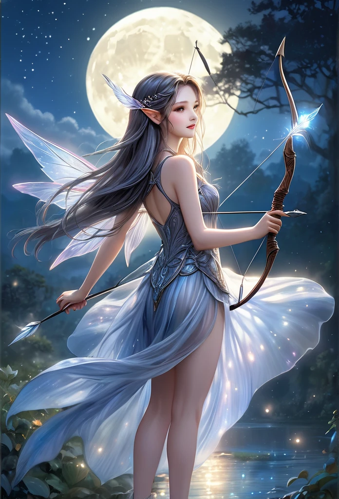under a wonderful moonlight,clouds,stars,a beautiful fairy(((full body )))ethereal,translucent wings,long elf ear,gracefully shoots an arrow,beautiful fairy,long hair,short flowing dress,best quality,hyper detailed ,perfect anatomy, fantasy illustration,work of art,charming scenery,delicate,extraordinary beauty.