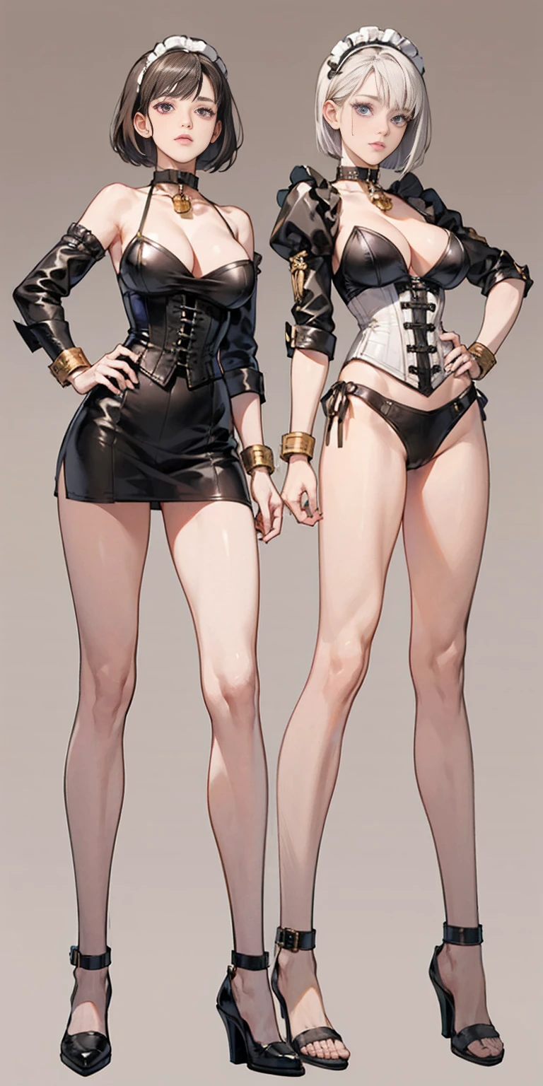 (Masterpiece, plain background:1.2) white short bob hair and skin, purple eyes, thin legs, thin body, leather corset and leather collar choker with golden neck bell, shackles wristbands bracers bracelets sleeves, bikini maid outfit, 1MILFWOMAN BIMBO full body standing symmetrical with both hands on hips, wide hips, view from below