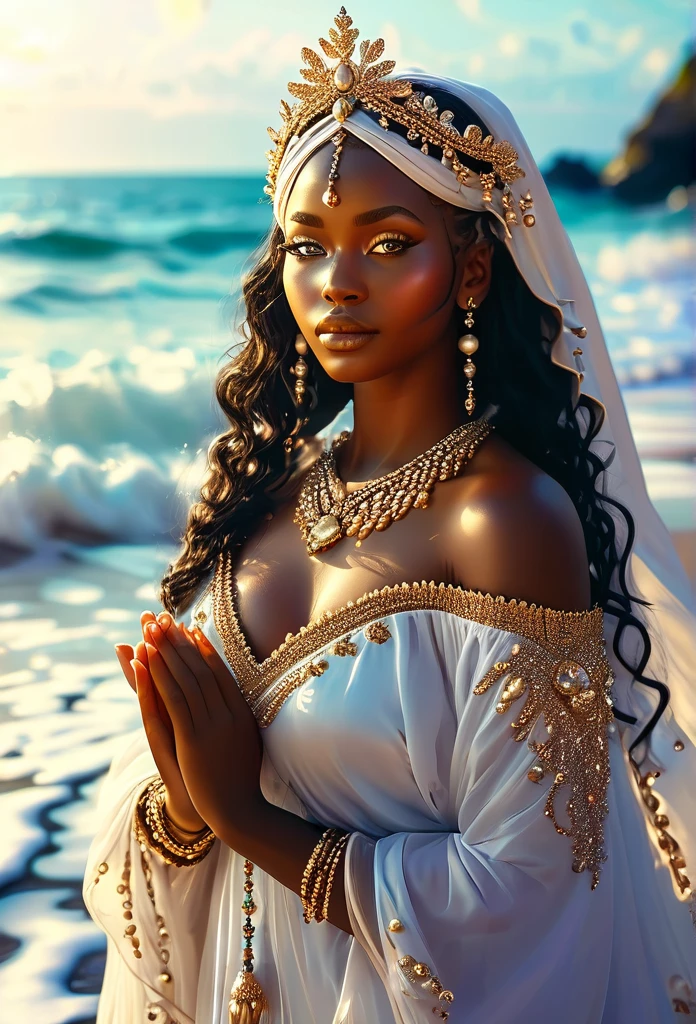 (((Goddess OXUM )))on a BEACH with SHELLS STARS OF THE SEA a bright light, Sorceress, beautiful female sorceress, (( OXUM UHD ))) With a beautiful crown of shells and pearls, ruffles+ribbons+detailed in tone , It should look charming and beautiful, Keep the iconic elements of the original character. Oxum must have a sensual round face with large dimensions, clear eyes, long eyelashes and rosy cheeks. Your hair should be in great black tones . Elegant like a queen : Dress up in a luxurious and elegant dress with golden pearl detailing Beauty and Vanity: Oshun is often associated with beauty, vanity and elegance, being seen as a graceful and charming figure.
Prosperity and wealth: She is the Orisha of prosperity, abundance and wealth, bringing luck and material success.Sensitivity and Intuition: Oxum has a strong connection with emotions, being very sensitive and intuitive, helping to deal with issues of the heart.. Oxum is the Orisha of fresh waters, of fertility and love in Umbanda. Represents beauty, prosperity and sensitivity. Your blessings bring harmony and balance.  She wears a veil on the shore, The character&#39;s costume is a beautiful light blue lace dress. . standing, . Magic Accessories: Add charming accessories to the chibi, shell necklaces and earrings .Be sure to add shadows, textures and details in the hair, oxum accessories, to make you even more charming and charming. Give him a smiling expression and a smile on his face, Capturing the essence of the character in a subtle way, Delicate hands,( beach scenery, deep surrealistic landscape, yemanjá and its mermaids ) 16K