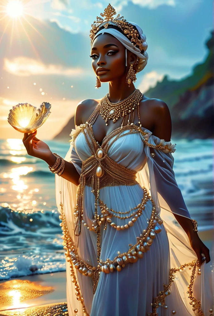 (((Goddess OXUM )))on a BEACH with SHELLS STARS OF THE SEA a bright light, Sorceress, beautiful female sorceress, (( OXUM UHD ))) With a beautiful crown of shells and pearls, ruffles+ribbons+detailed in tone , It should look charming and beautiful, Keep the iconic elements of the original character. Oxum must have a sensual round face with large dimensions, clear eyes, long eyelashes and rosy cheeks. Your hair should be in great black tones . Elegant like a queen : Dress up in a luxurious and elegant dress with golden pearl detailing Beauty and Vanity: Oshun is often associated with beauty, vanity and elegance, being seen as a graceful and charming figure.
Prosperity and wealth: She is the Orisha of prosperity, abundance and wealth, bringing luck and material success.Sensitivity and Intuition: Oxum has a strong connection with emotions, being very sensitive and intuitive, helping to deal with issues of the heart.. Oxum is the Orisha of fresh waters, of fertility and love in Umbanda. Represents beauty, prosperity and sensitivity. Your blessings bring harmony and balance.  She wears a veil on the shore, The character&#39;s costume is a beautiful light blue lace dress. . standing, . Magic Accessories: Add charming accessories to the chibi, shell necklaces and earrings .Be sure to add shadows, textures and details in the hair, oxum accessories, to make you even more charming and charming. Give him a smiling expression and a smile on his face, Capturing the essence of the character in a subtle way, Delicate hands,( beach scenery, deep surrealistic landscape, yemanjá and its mermaids ) 16K