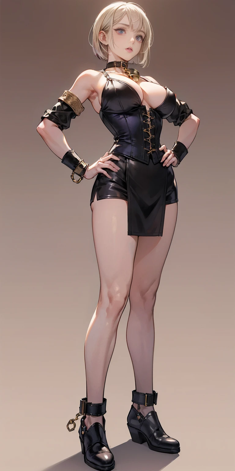 (Masterpiece, plain background:1.2) white short bob hair and skin, purple eyes, thin legs, thin body, leather corset and leather collar choker with golden neck bell, shackles wristbands bracers bracelets sleeves, bikini maid outfit, 1MILFWOMAN BIMBO full body standing symmetrical with both hands on hips, wide hips, view from below