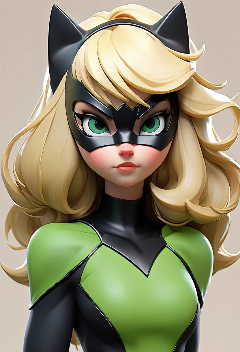 long, straight, blonde-haired, with bangs, Green,  kicat-eyed, with black cat ears between her hair, black superhero mask around her eyes, black on outfit