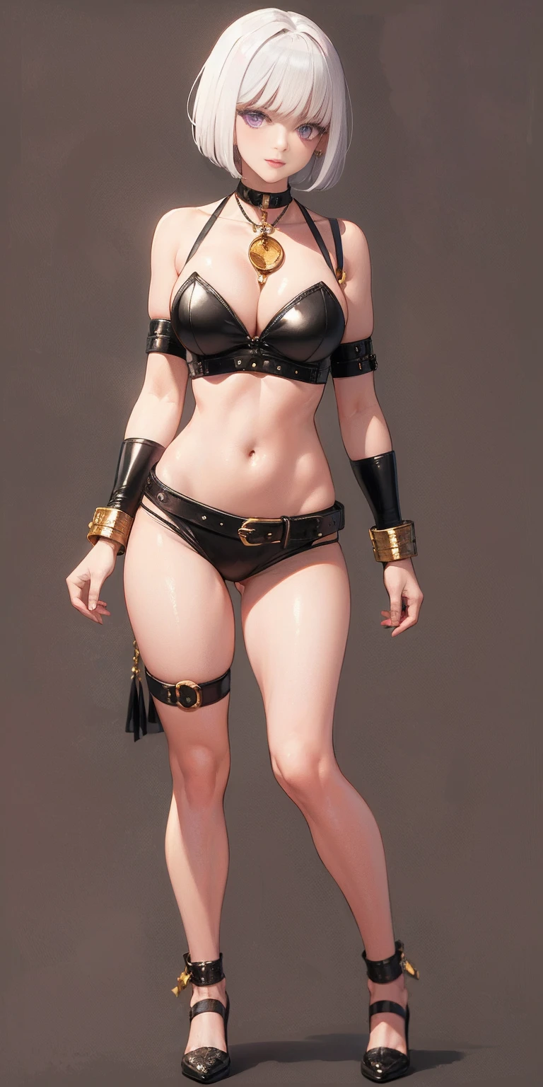 (Masterpiece, plain background:1.2) white short bob hair and skin, purple eyes, thin legs, thin body, leather corset and leather collar choker with golden neck bell, shackles wristbands bracers bracelets sleeves, bikini maid outfit, 1MILFWOMAN BIMBO full body standing symmetrical with both hands on hips, wide hips, view from below