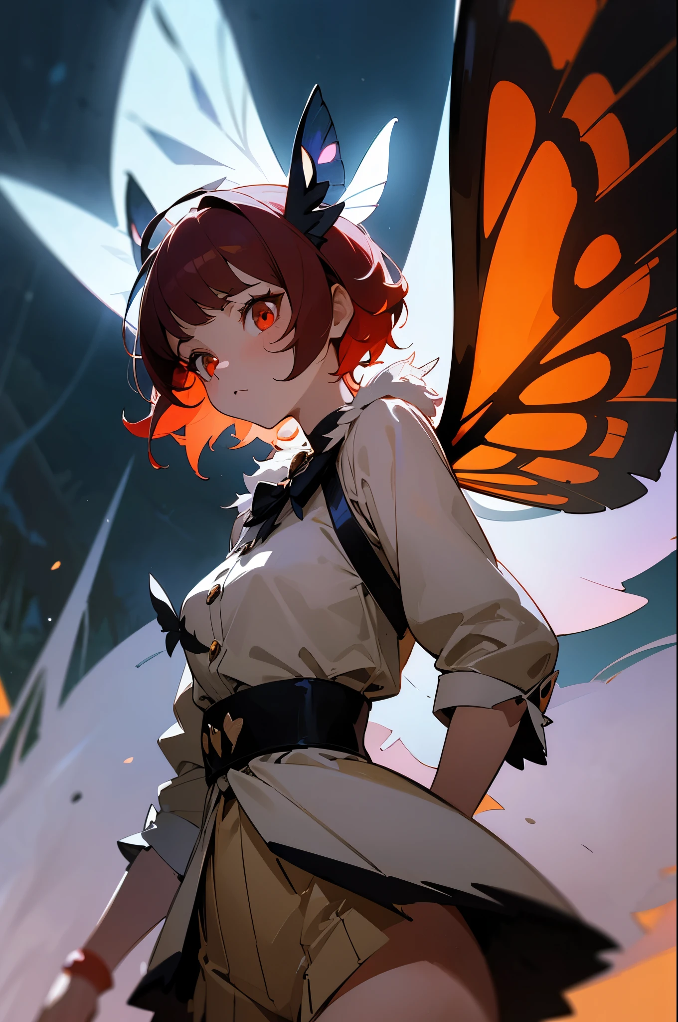 (masterpiece, best quality:1.1),popart,flat color design,cute, (woman wearing a moth costume,moth wings,fluffy moth fur,moth antennae),red eyes,navy hair,fullbody,in night forest,dynamic angle,dynamic angle,beautiful lighting,photographic portrait, sharp,cowboy shot, young woman, hero outfit, lean build, mature, short hair, upper body
