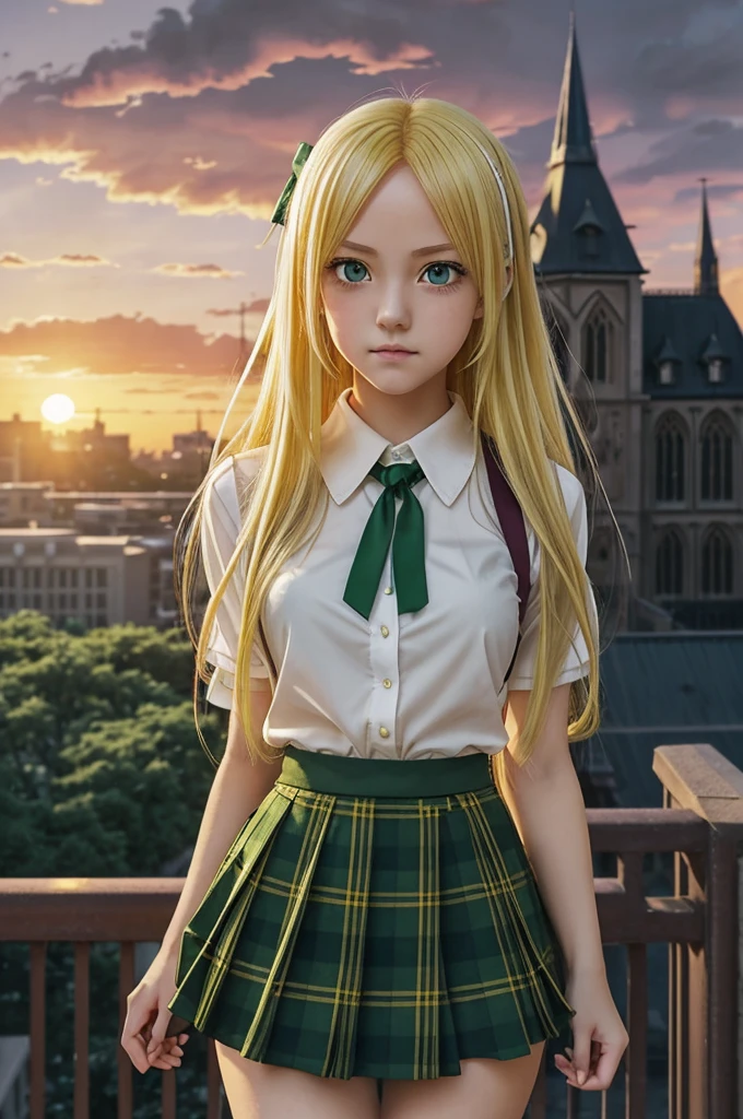 High school girl in anime style, with an egocentric and bad-tempered expression, blushing, long yellow blonde hair, green eyes, wear a white blouse, green ribbon and plaid skirt, in the background the high school with gothic architecture in anime style, under a sunset sky, creating a gloomy atmosphere and mysterious scene of high quality and realism.