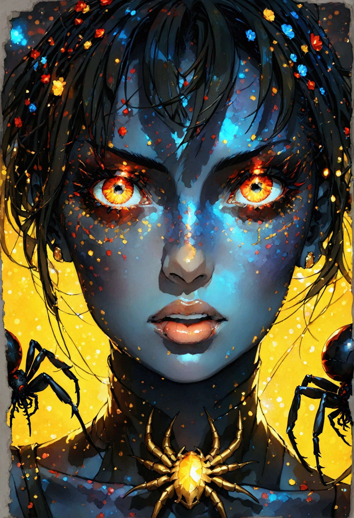 PORTRAIT, only face portrait, macro, aN ANGRY FACE red demon girls next to a black spider portrait, mouth open roaring, scarface red skin with light and glitter, short fire hair with red skulls on hair, shiny and lightening eyes, cosmos eyes, next to a black spider, highly detailed fur (vectorized) yellow lightening eyes, detailed skin, image is compelling with dynamic composition and dark posing. Include many fantasy details such as bumps, phantasmal iridescence, glitter, galaxy, cosmos, fire, ((dark celestialskin hell body, void cosmic body)), (((dark background))), (((lights off))), (((hollywood dark))), horror, dramatic shadows, (in a dark fantasy space:1.3, glitter, sparkle, gleam) vector digital illustration, (black background:1.5)sharp
