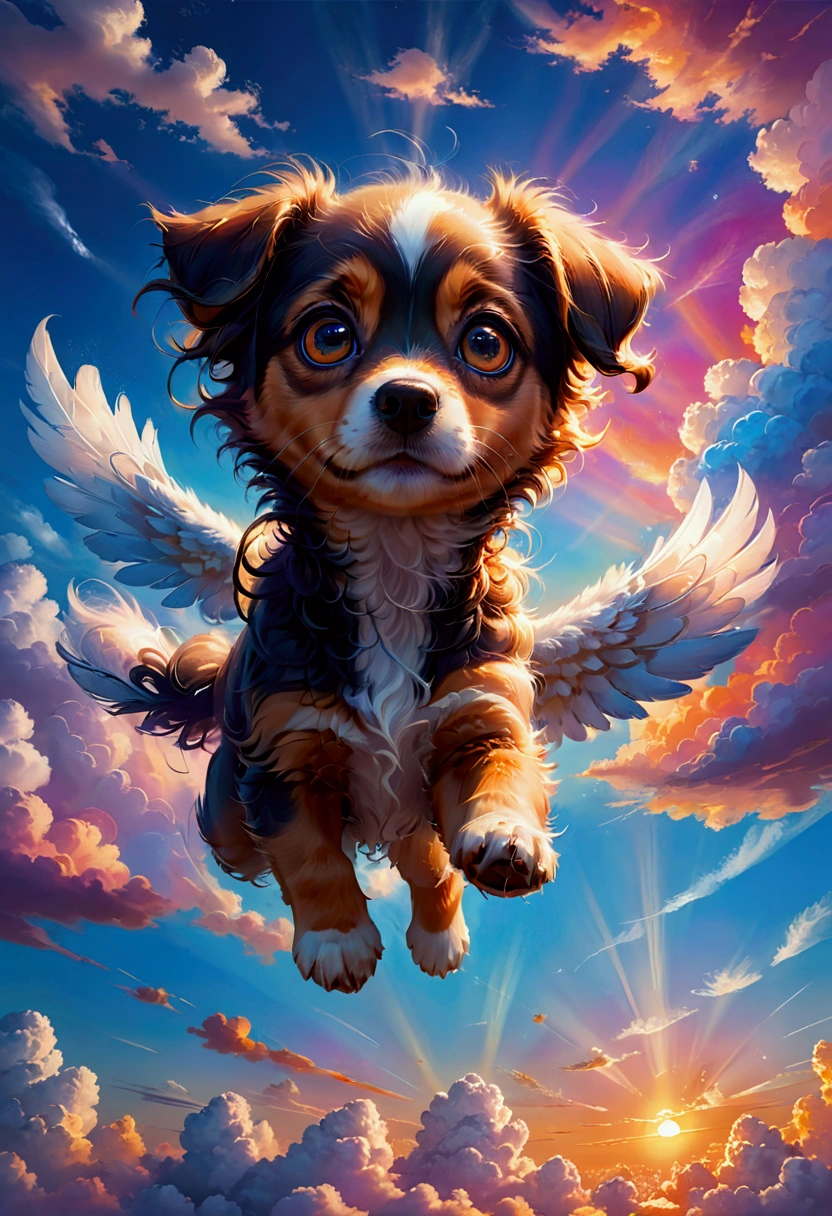 1dog, Flying Puppy, in the middle of the sky, in the sky, a cute puppy flying in the sky, fluffy fur, big eyes, adorable expression, against a colorful sunset sky, (4k,8k,highres:1.2), ultra-detailed, highly detailed, intricate details, soft lighting, warm colors, magical realism, fantasy, masterpiece, best quality, very aesthetic, absurdres