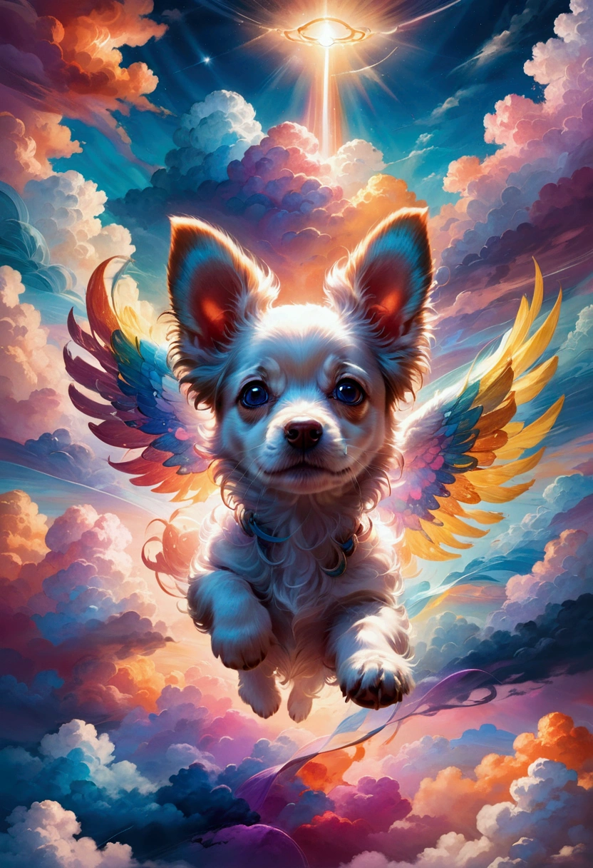 1dog, Flying Puppy, in the middle of the sky, in the sky, a cute puppy flying in the sky, fluffy fur, big eyes, adorable expression, against a colorful sunset sky, (4k,8k,highres:1.2), ultra-detailed, highly detailed, intricate details, soft lighting, warm colors, magical realism, fantasy, masterpiece, best quality, very aesthetic, absurdres