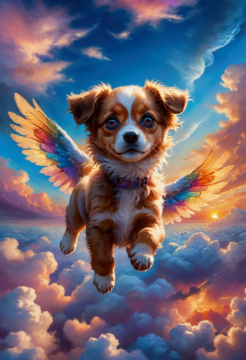 1dog, Flying Puppy, in the middle of the sky, in the sky, a cute puppy flying in the sky, fluffy fur, big eyes, adorable expression, against a colorful sunset sky, (4k,8k,highres:1.2), ultra-detailed, highly detailed, intricate details, soft lighting, warm colors, magical realism, fantasy, masterpiece, best quality, very aesthetic, absurdres
