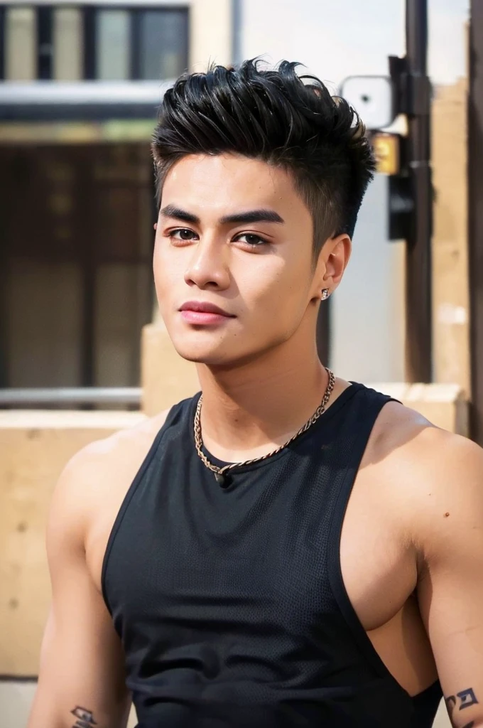 ((masterpiece)), ((best quality:1.2)), High Resolution, 8k, (ultra_realistic:1.3), (photorealistic:1.4), (instagram model, handsome:1.2), sharp focus, a close up photo of (Ronnie Alonte, ronniealontekm), wearing black tank top, curly hair with undercut, outdoors, urban, city, buildings in the background,