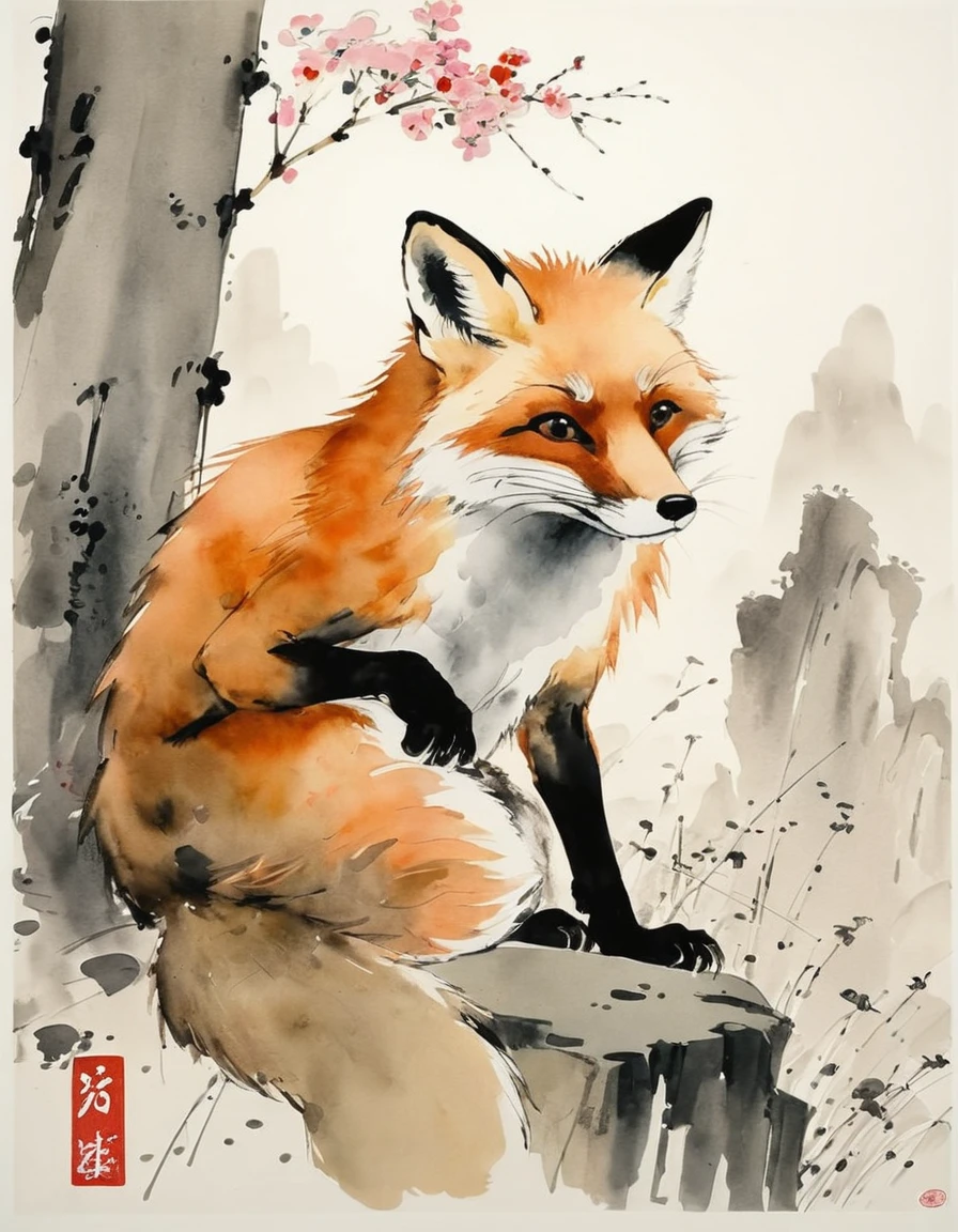 by Wu Guanzhong, ink and wash, fox, (by Zootopia:0.6), (best quality, perfect masterpiece, Representative work, official art, Professional, high details, Ultra intricate detailed:1.3)
