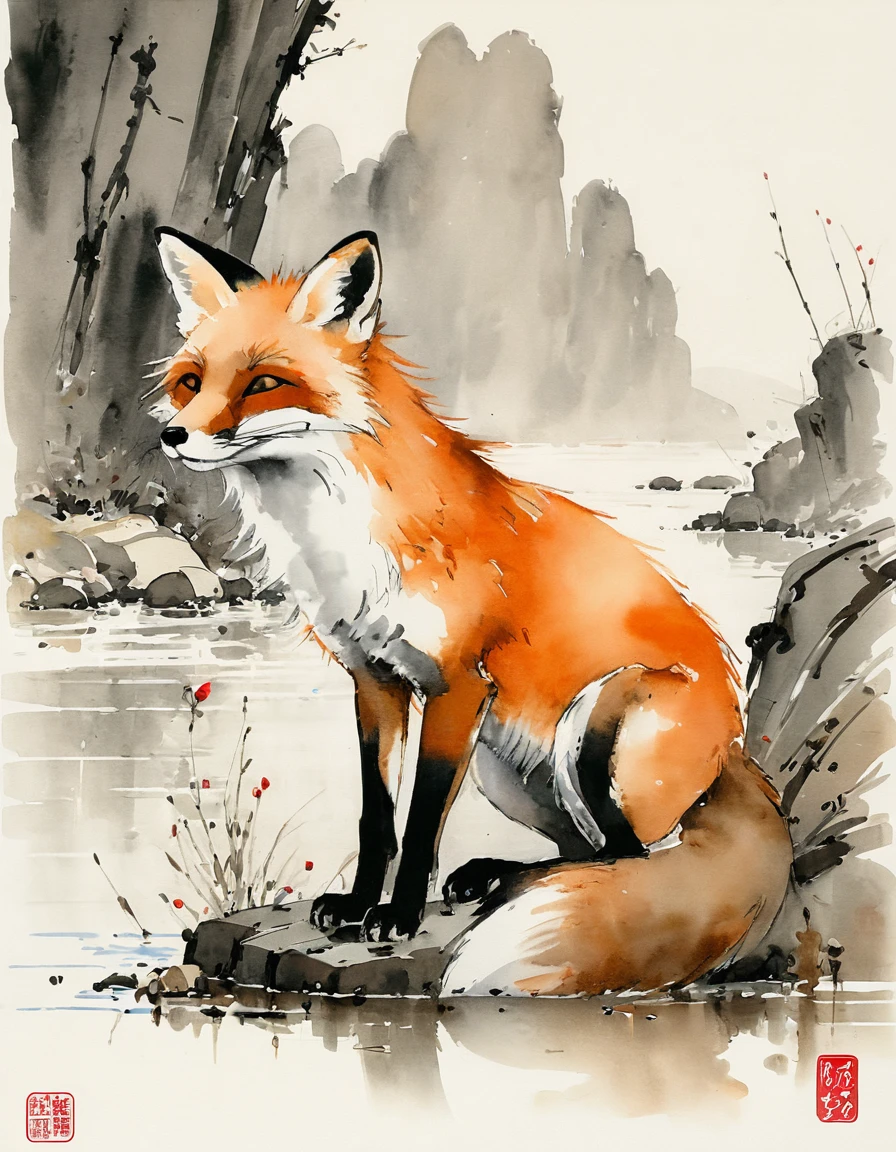 by Wu Guanzhong, ink and wash, fox, (by Zootopia:0.6), (best quality, perfect masterpiece, Representative work, official art, Professional, high details, Ultra intricate detailed:1.3)