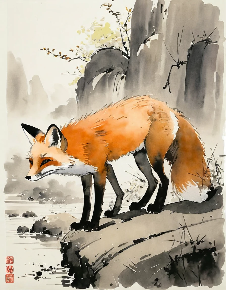 by Wu Guanzhong, ink and wash, fox, (by Zootopia:0.6), (best quality, perfect masterpiece, Representative work, official art, Professional, high details, Ultra intricate detailed:1.3)