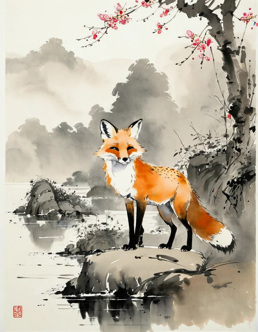 by Wu Guanzhong, ink and wash, fox, (by Zootopia:0.6), (best quality, perfect masterpiece, Representative work, official art, Professional, high details, Ultra intricate detailed:1.3)