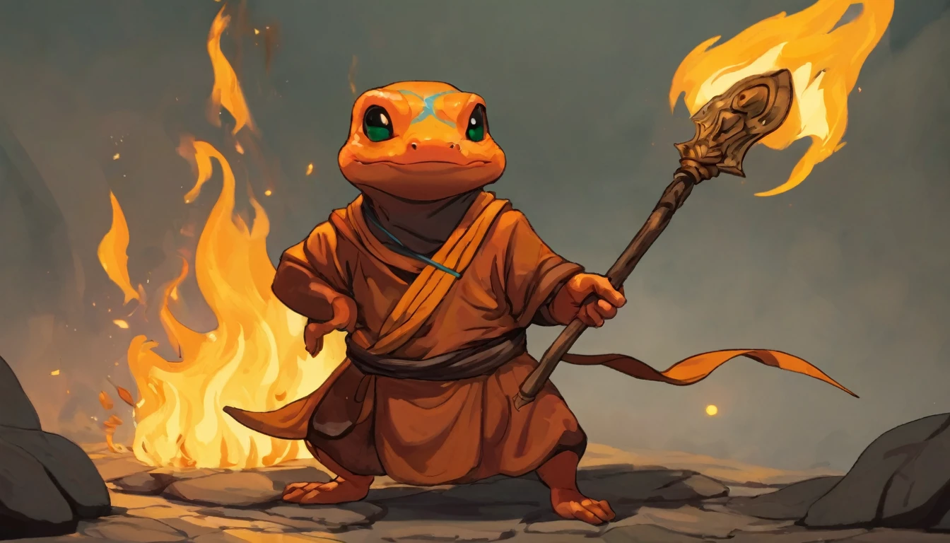 Salamander Monk holding a spear. Cel shaded. Cute. Embers. Burning. Relaxed. 