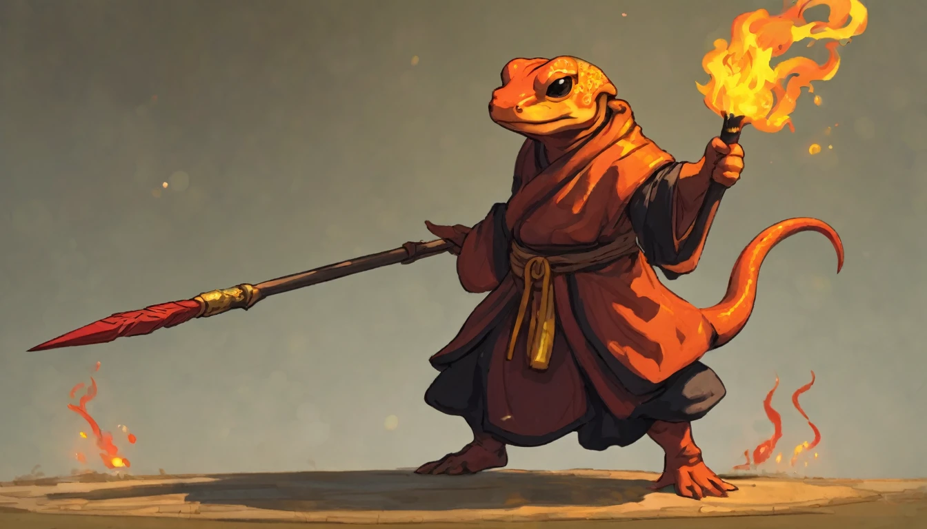 Salamander Monk holding a spear. Cel shaded. Cute. Embers. Burning. Relaxed.