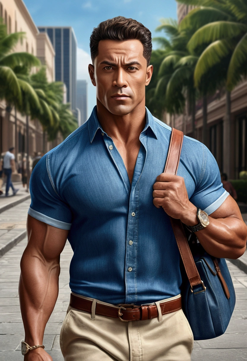 (best quality, 4K, 8K, high resolution, art: 1.2), Ultra detailed, (realistic, photorealistic, photorealistic: 1.37), Man wearing shirt, muscular man carrying a business bag, stylish, Persuasive, illustration , energetic , expressive, confident, tropical, work, physically fit, athletic, denim shirt, business bag, muscular, arnaldo style, determined, dynamic pose, blue color palette, vibrant lighting A large stone in the middle of the sidewalk, forcing the people to deviate. He sighs when he sees the stone and avoids it, as he does every day. Other people are also shown dodging 