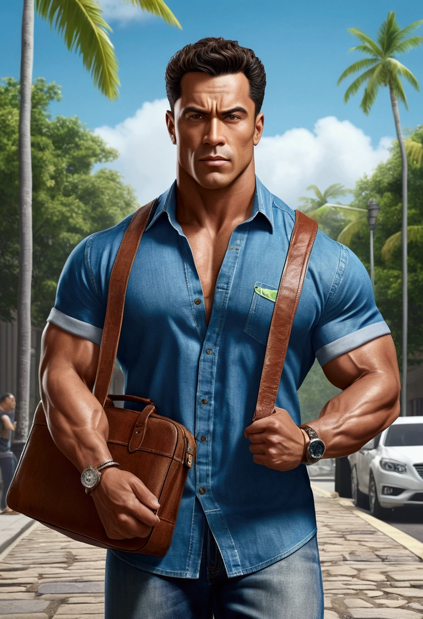 (best quality, 4K, 8K, high resolution, art: 1.2), Ultra detailed, (realistic, photorealistic, photorealistic: 1.37), Man wearing shirt, muscular man carrying a business bag, stylish, Persuasive, illustration , energetic , expressive, confident, tropical, work, physically fit, athletic, denim shirt, business bag, muscular, arnaldo style, determined, dynamic pose, blue color palette, vibrant lighting A large stone in the middle of the sidewalk, forcing the people to deviate. He sighs when he sees the stone and avoids it, as he does every day. Other people are also shown dodging