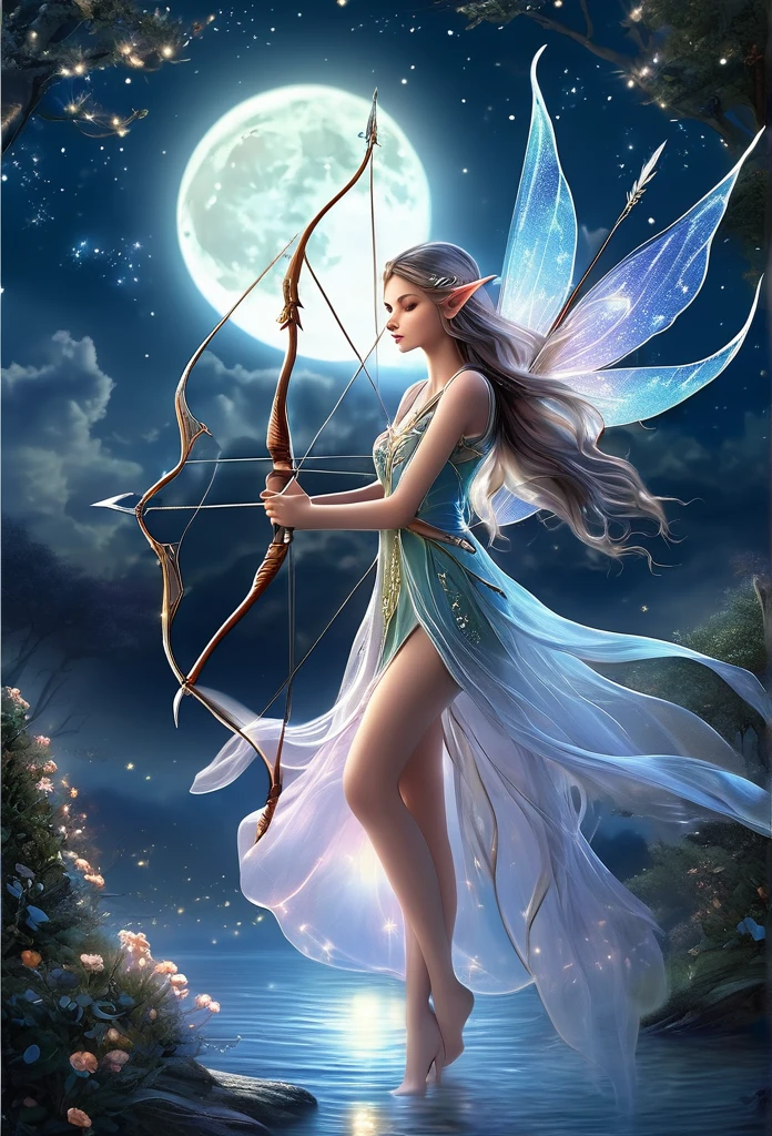 under a wonderful moonlight,clouds,stars,a beautiful fairy(((full body )))ethereal,translucent wings,long elf ear,gracefully shoots an arrow,beautiful fairy,long hair,short flowing dress,best quality,hyper detailed ,perfect anatomy, fantasy illustration,work of art,charming scenery,delicate,extraordinary beauty.