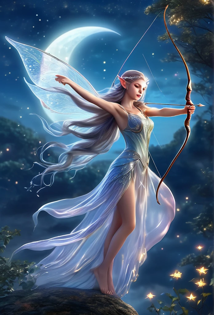 under a wonderful moonlight,clouds,stars,a beautiful fairy(((full body )))ethereal,translucent wings,long elf ear,gracefully shoots an arrow,beautiful fairy,long hair,short flowing dress,best quality,hyper detailed ,perfect anatomy, fantasy illustration,work of art,charming scenery,delicate,extraordinary beauty.
