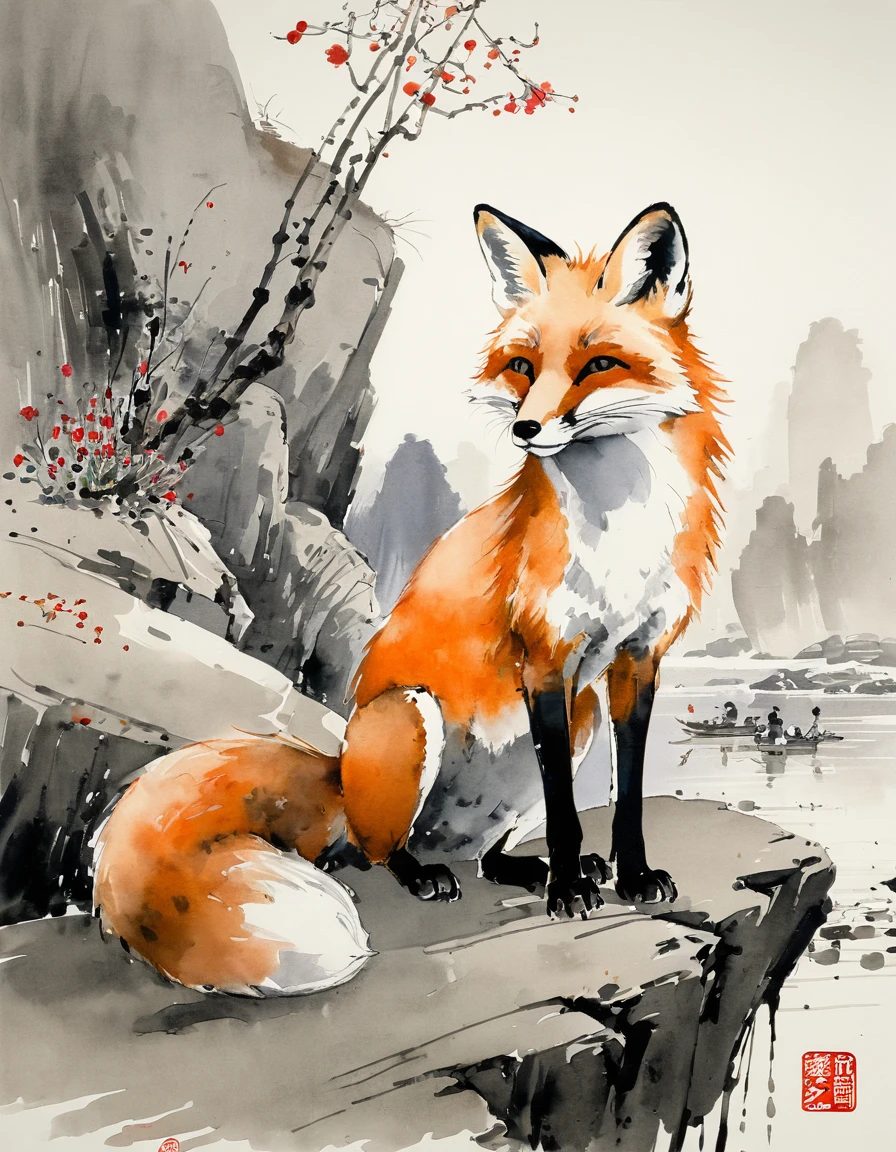 by Wu Guanzhong, ink and wash, fox, (by Zootopia:0.6), (best quality, perfect masterpiece, Representative work, official art, Professional, high details, Ultra intricate detailed:1.3)