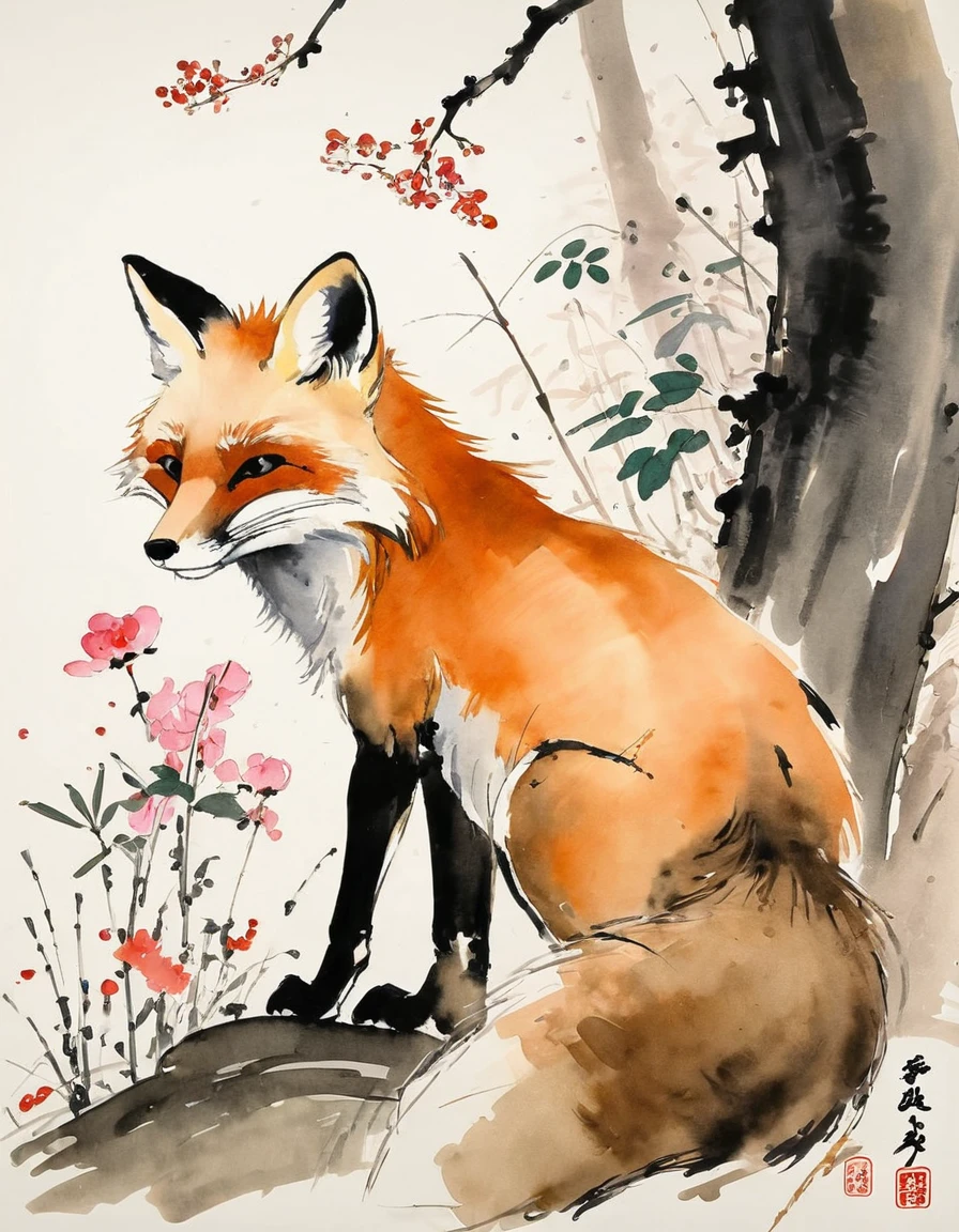 by Wu Guanzhong, ink and wash, fox, (by Zootopia:0.6), (best quality, perfect masterpiece, Representative work, official art, Professional, high details, Ultra intricate detailed:1.3)