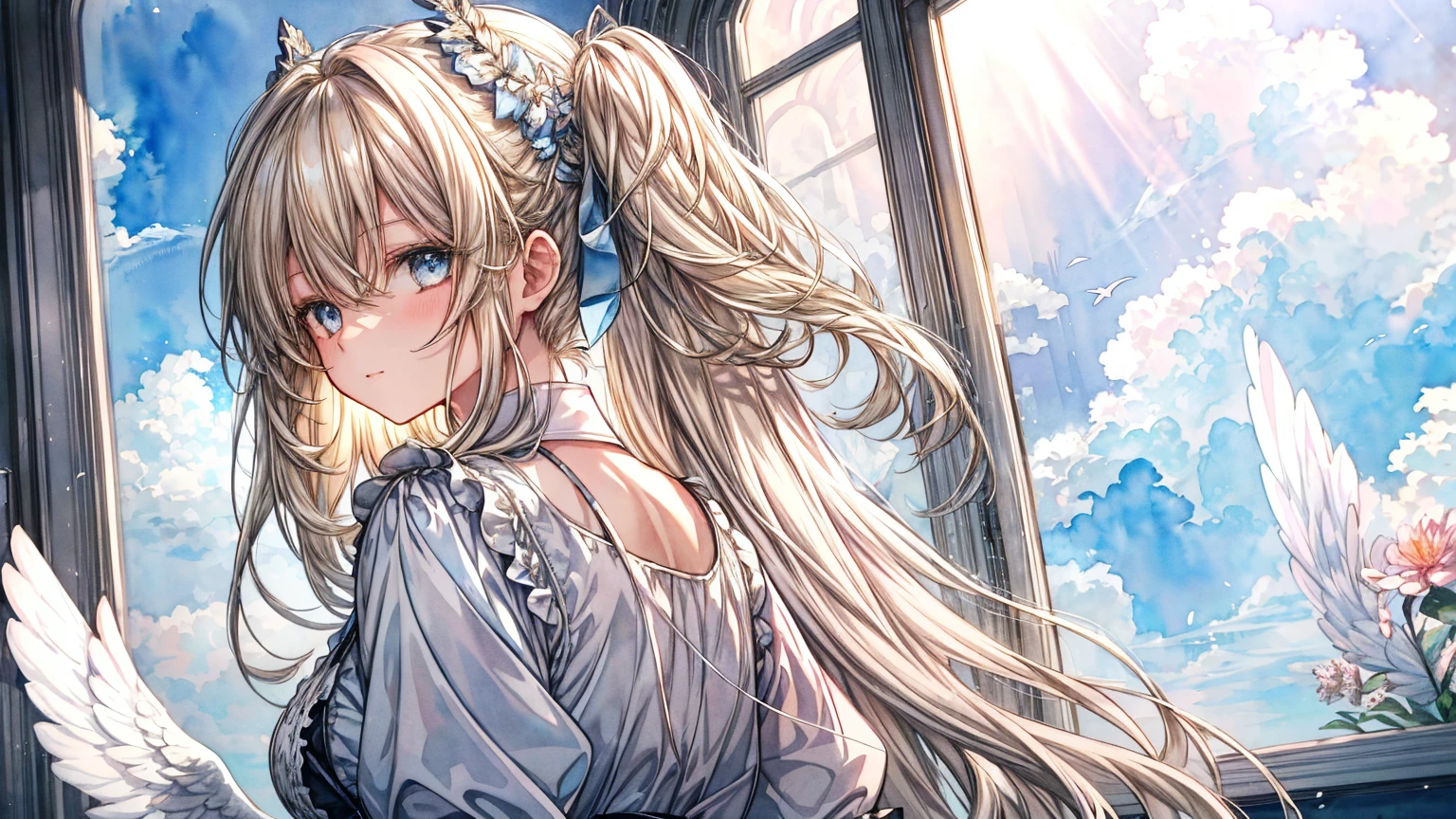 ((super detailed),sky background,beautiful clouds,The light from the back window is backlit.,element,Watercolor pattern in calm colors),(watercolor texture), ((1 girl),long gray hair,blonde hair,blue eyes,adorable,Angelic),light smile,lolita prostitute,best image quality