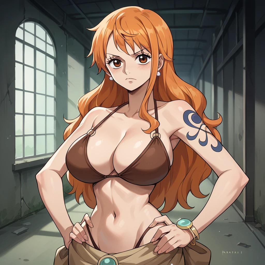 Masterpiece, best quality, Masterpiece, best quality, 1 woman, Nami , long orange hair , sly face , brown bikini , big breasts , abdomen , Put your hands on your hips.. , abandoned factory , at night