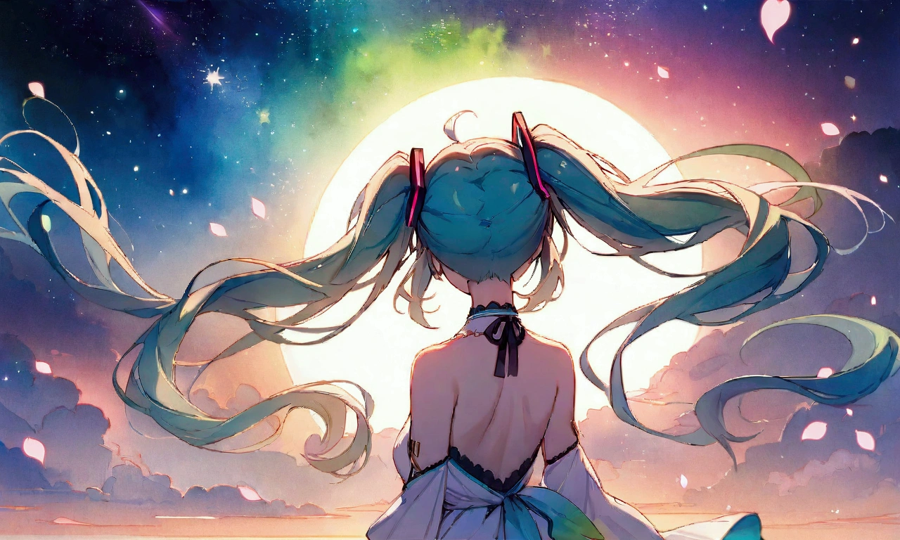 (masterpiece、Highest quality、Highest quality、Official Art、beautiful, beautiful:1.2)、(1 girl:1.3)hatsune miku、Twin tails,big,(High resolution、Very detailed、Hmph、movie、Cherry Blossom Gardenに立つ女の子、Cherry Blossom Garden、Cherry blossom petal splash art、Ultra Detailed Fields、beautiful white starry sky、Aurora、Light blue、Blanche、Nebula in the sky、watercolor、Pastel colored sun、rainbow、Natural scenery,Back view,