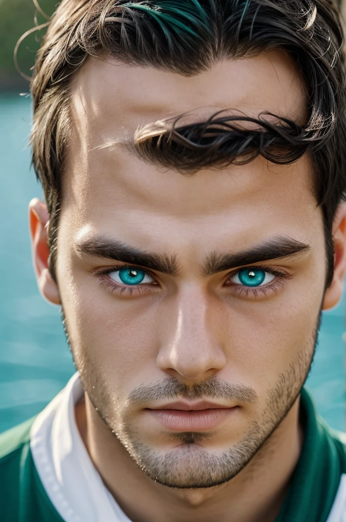 Man with two moles under both eyes, black hair and white skin. Has Heterochromia, ocean blue eye and emerald green eye.