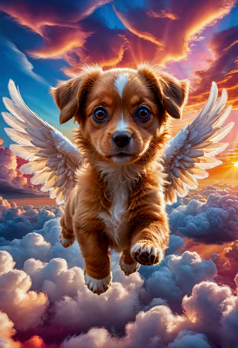 1dog, Flying Puppy, in the middle of the sky, in the sky, a cute puppy flying in the sky, fluffy fur, big eyes, adorable expression, against a colorful sunset sky, (4k,8k,highres:1.2), ultra-detailed, highly detailed, intricate details, soft lighting, warm colors, magical realism, fantasy, masterpiece, best quality, very aesthetic, absurdres