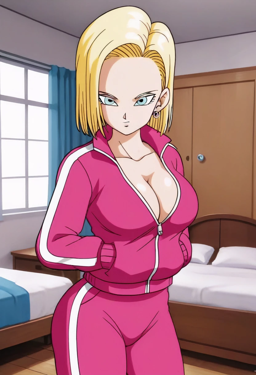 source_anime, score_9, score_8_up, score_7_up, anime screencap,
detailed face, android 18, supertop, 1girl, solo, looking at viewer, short hair, blue eyes, blonde hair, Big breasts, collarbone, hoop earrings, bedroom, collar up, track jacket, pink jacket, track suit, track pants, pink pants, standing, hands in pockets, bent over, Big ass, sexy ass, thick legs, wide hips, (big cleavage:1.8), innerboobs, open the zipper, cleavage going to the belly, neckline going up to the navel