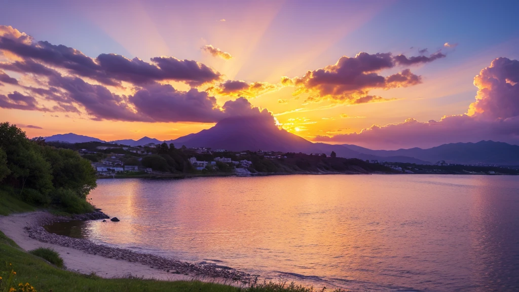 Beautiful landscape, sky, light, clearwater, summer, gold ,purple