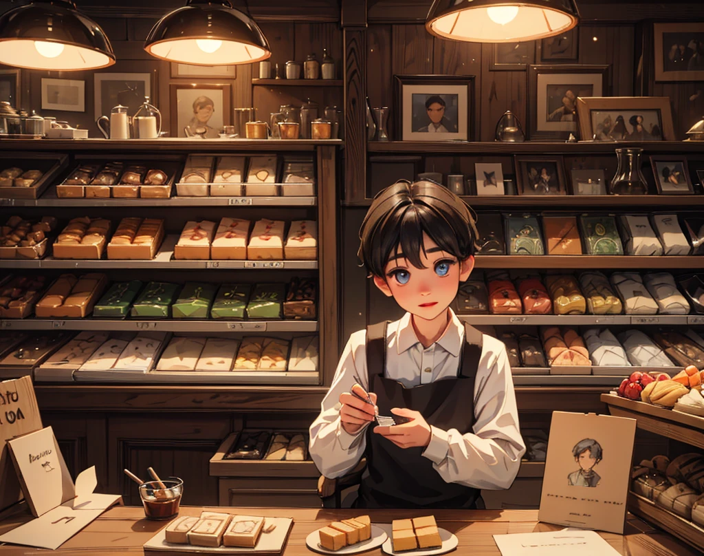 a young villager boy, beautiful detailed eyes, beautiful detailed lips, extremely detailed eyes and face, long eyelashes, villager boy happily handing money to shopkeeper, shopkeeper accepting money from boy, shop full of cakes and sweets, detailed shop interior, warm lighting, photorealistic, ultra-detailed, 8k, masterpiece, vibrant colors, soft focus, cinematic lighting, hyper-realistic, intricate details, volumetric lighting