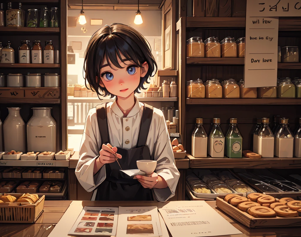 a young villager boy, beautiful detailed eyes, beautiful detailed lips, extremely detailed eyes and face, long eyelashes, villager boy happily handing money to shopkeeper, shopkeeper accepting money from boy, shop full of cakes and sweets, detailed shop interior, warm lighting, photorealistic, ultra-detailed, 8k, masterpiece, vibrant colors, soft focus, cinematic lighting, hyper-realistic, intricate details, volumetric lighting