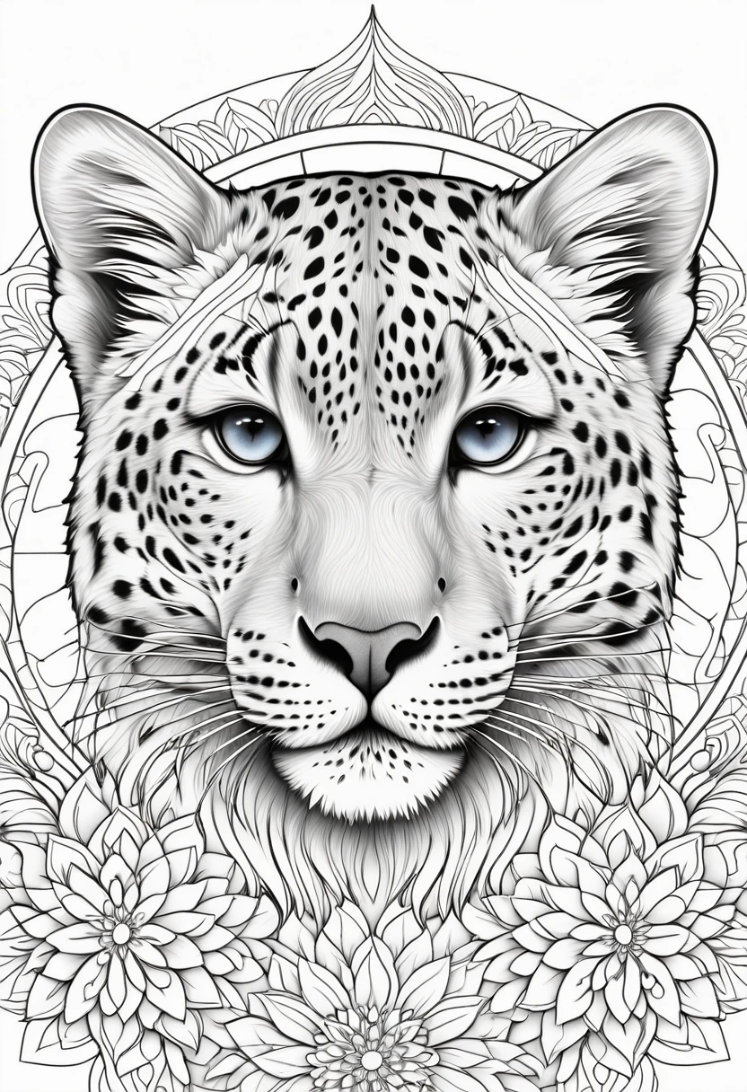 A striking black and white line art coloring page designed for adults with white background, featuring a majestic Snow Leopard in a mandala-inspired style. The Snow Leopard is adorned with intricate patterns that include floral and geometric designs, making it an engaging and detailed work of art. The illustration focuses on crisp, clean lines and bold outlines, without any shading or color, allowing the user to bring their own vibrancy to the piece. The minimalistic design, with its thick lines and absence of background details, creates a soothing coloring experience for adults seeking calming and creative activities. illustration
