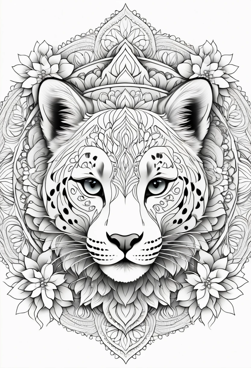 A striking black and white line art coloring page designed for adults with white background, featuring a majestic Snow Leopard in a mandala-inspired style. The Snow Leopard is adorned with intricate patterns that include floral and geometric designs, making it an engaging and detailed work of art. The illustration focuses on crisp, clean lines and bold outlines, without any shading or color, allowing the user to bring their own vibrancy to the piece. The minimalistic design, with its thick lines and absence of background details, creates a soothing coloring experience for adults seeking calming and creative activities. illustration