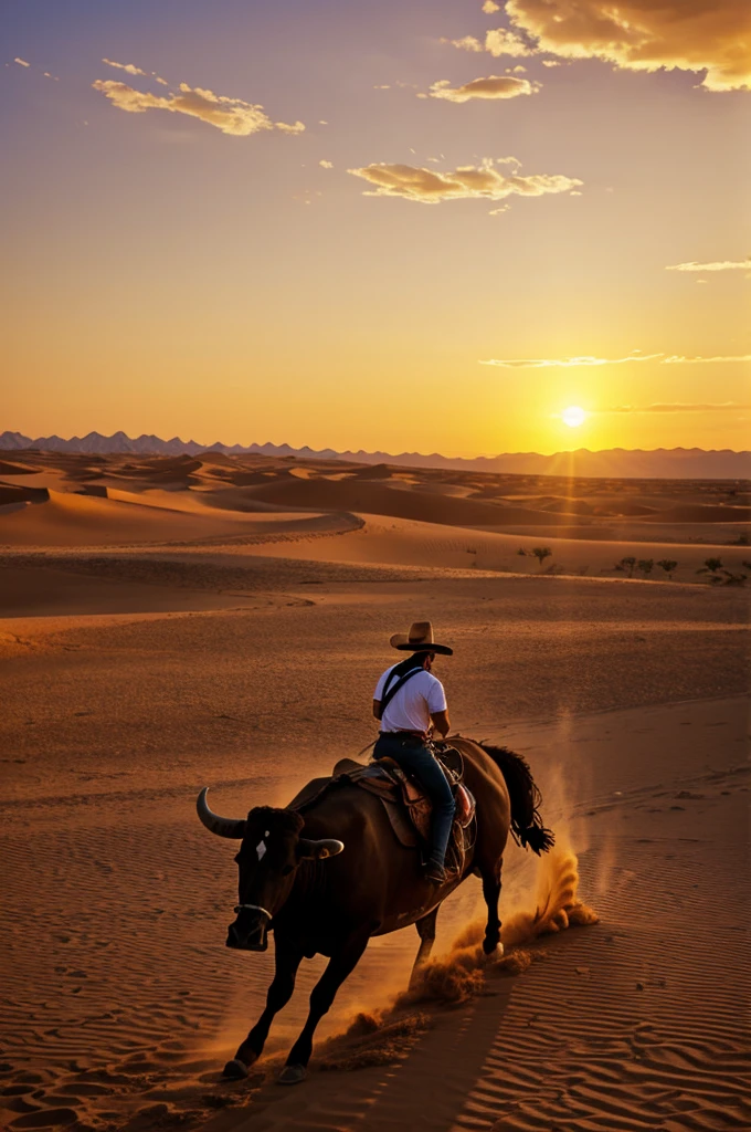 Rider riding a bull in the desert at sunset with audience around with a sign saying wild