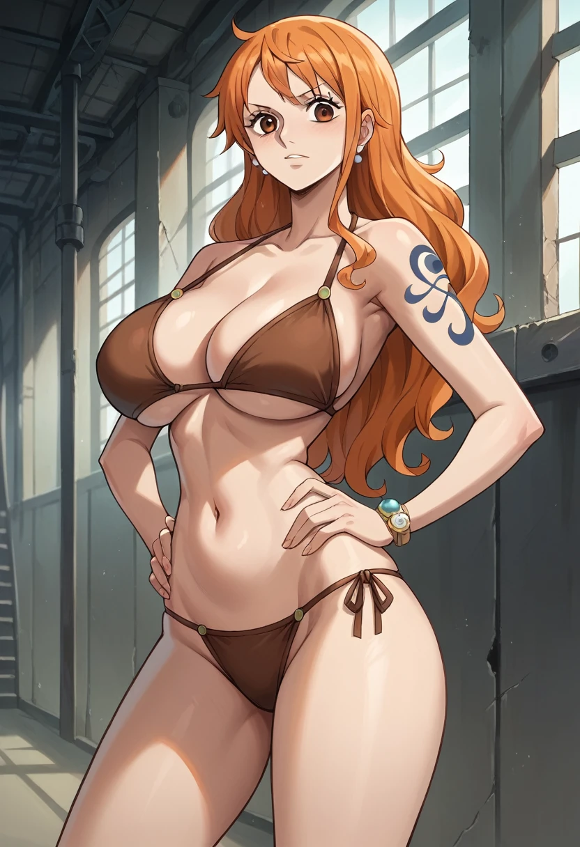 Masterpiece, best quality, Masterpiece, best quality, 1 woman, Nami , long orange hair , sly face , brown bikini , big breasts , abdomen , Put your hands on your hips.. , abandoned factory 