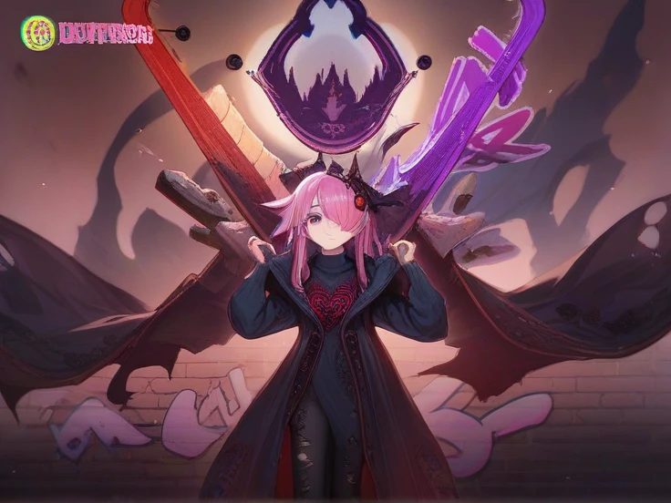 score_9, score_8_up, score_7_up, detailed, 1girl, solo, intricate details, chromatic aberration, realistic, long hair, pink hair, red head ornament, pink highlights, hair over one eye, purple eyes, earrings, sharp eyes, choker, neon shirt, torn legwear, open jacket, turtleneck sweater, night,against wall, brick wall, graffiti, dim lighting, alley, looking at viewer