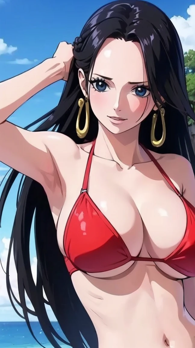 best quality, masterpiece, highly detailed,1girl, (detail light), Boa Hancock,, (masterpiece:1.5), Detailed Photo, Smiling,(8K, Photorealistic, Best Quality: 1.4), (1girl), Beautiful Face, (anime realistic Face), (Black Hair, long Hair: 1.3), Beautiful Hairstyle, Realistic eyes, beautiful detail eyes, (realistic skin), beautiful skin, absurd, attractive, ultra high resolution, ultra realistic, high definition, beach background, large breasts, red bikini