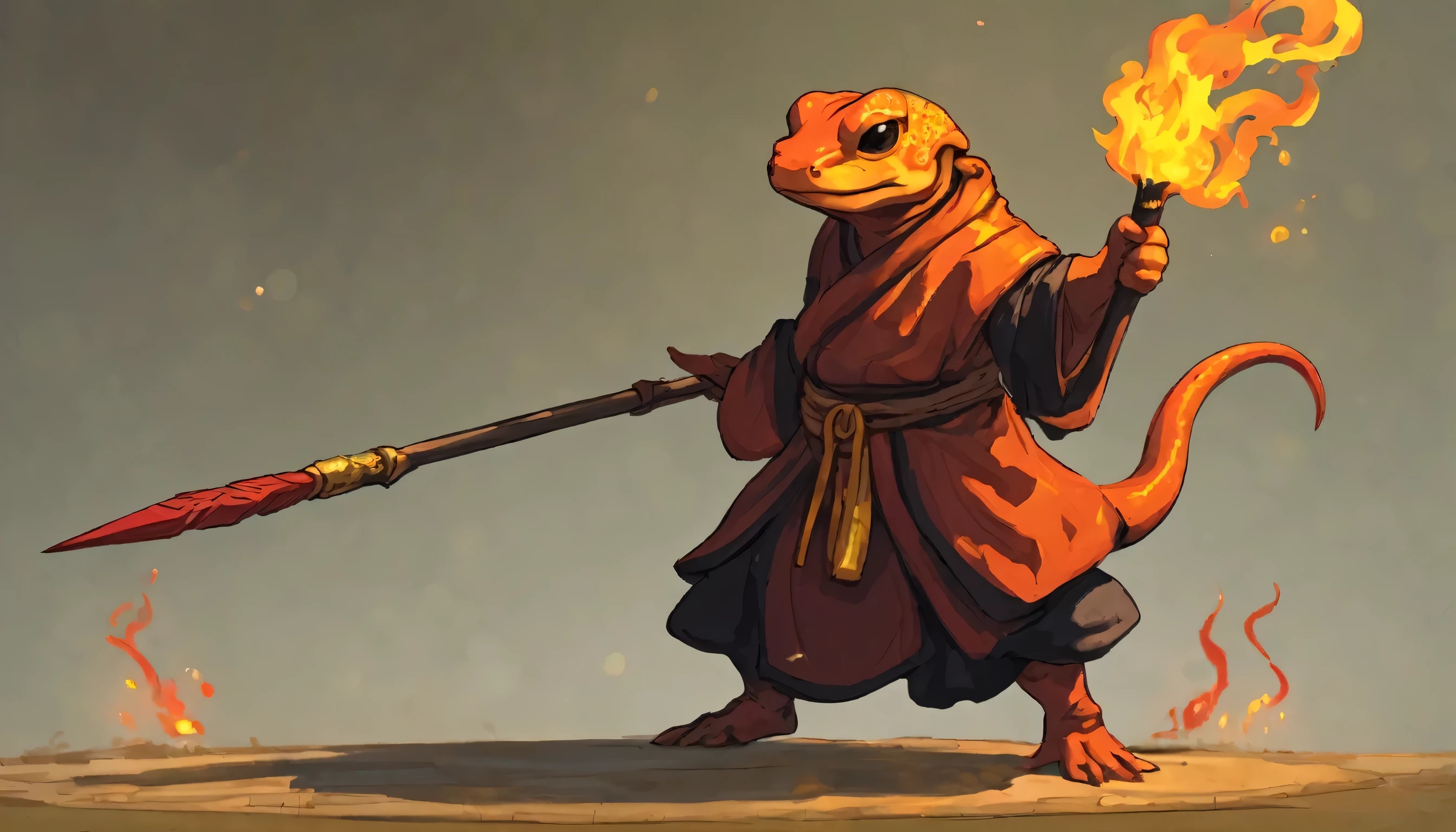 Salamander Monk holding a spear. Cel shaded. Cute. Embers. Burning. Relaxed.