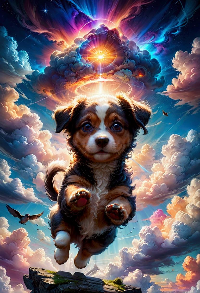 1dog, Flying Puppy, in the middle of the sky, in the sky, a cute puppy flying in the sky, fluffy fur, big eyes, adorable expression, against a colorful sunset sky, (4k,8k,highres:1.2), ultra-detailed, highly detailed, intricate details, soft lighting, warm colors, magical realism, fantasy, masterpiece, best quality, very aesthetic, absurdres