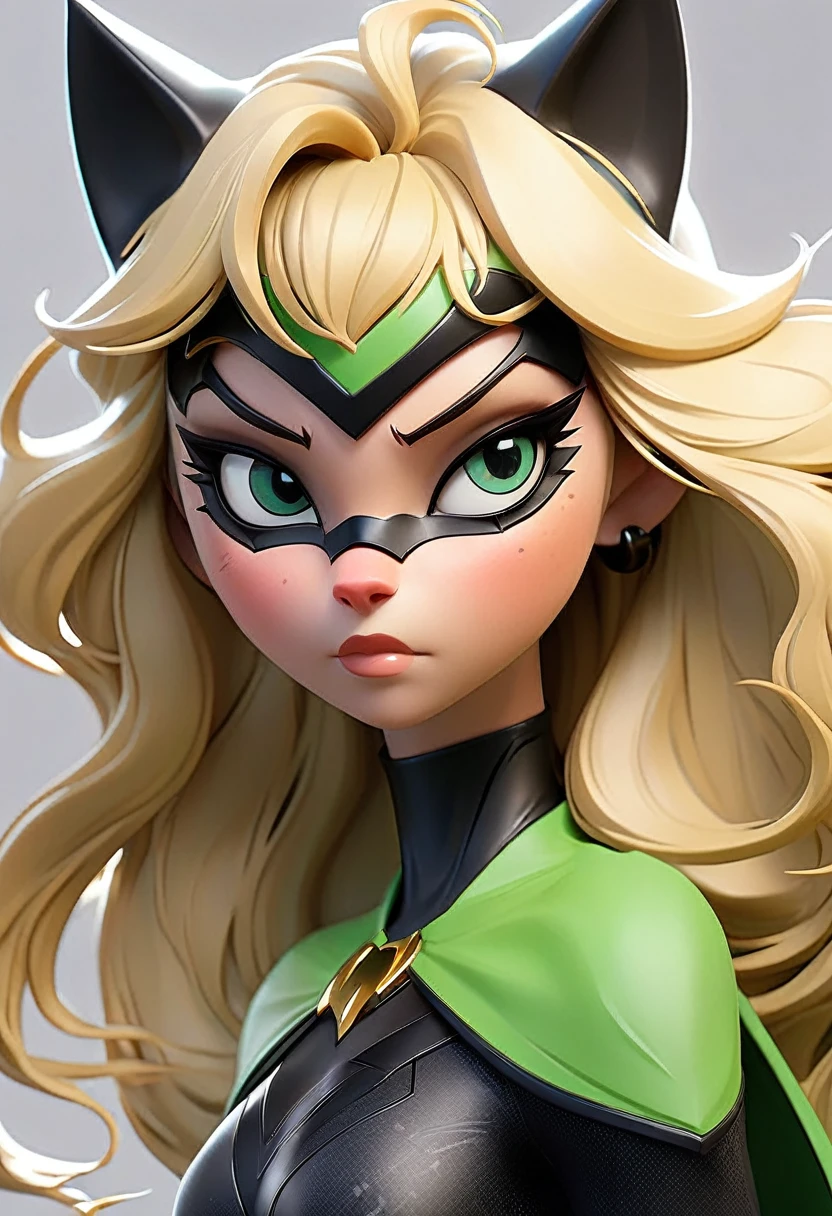 long, straight, blonde-haired, with bangs, Green, kicat-eyed, with black cat ears between her hair, black superhero mask around her eyes, black on outfit there is a cat logo on it