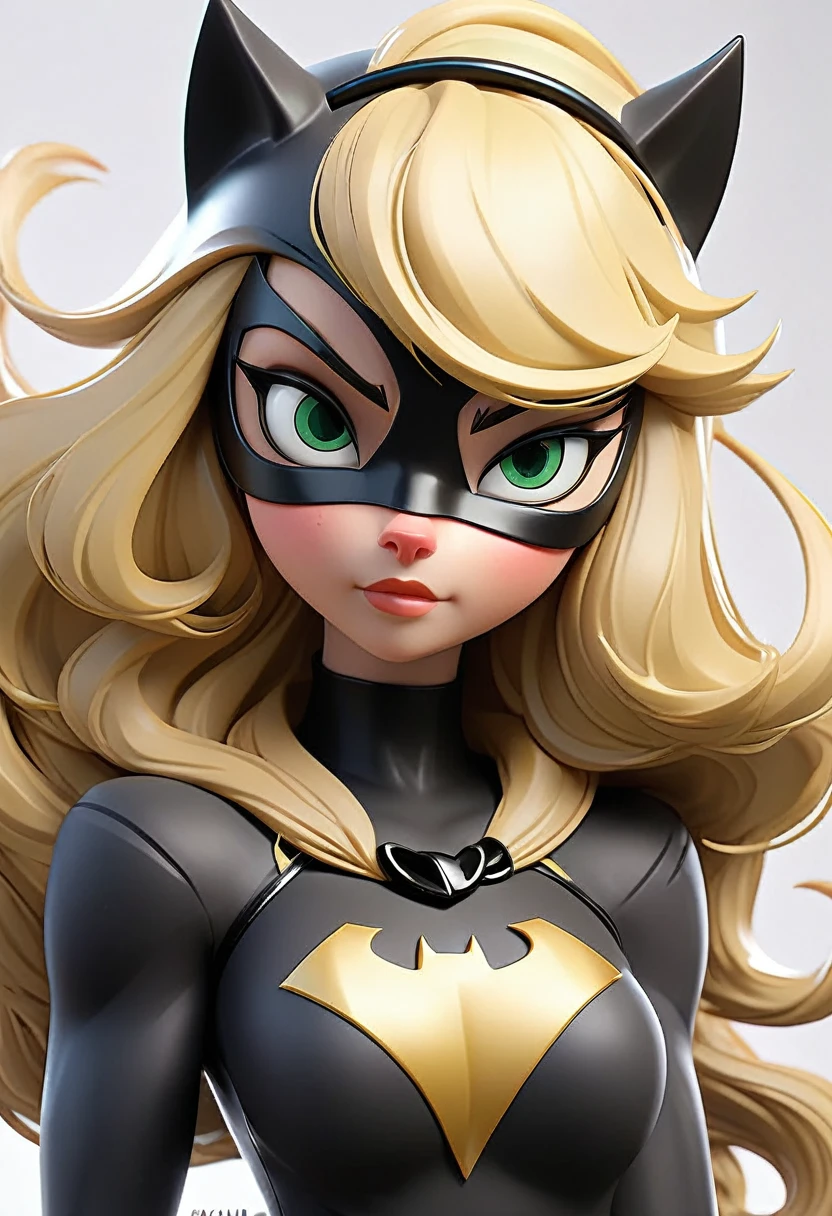 long, straight, blonde-haired, with bangs, Green, kicat-eyed, with black cat ears between her hair, black superhero mask around her eyes, black on outfit there is a cat logo on it