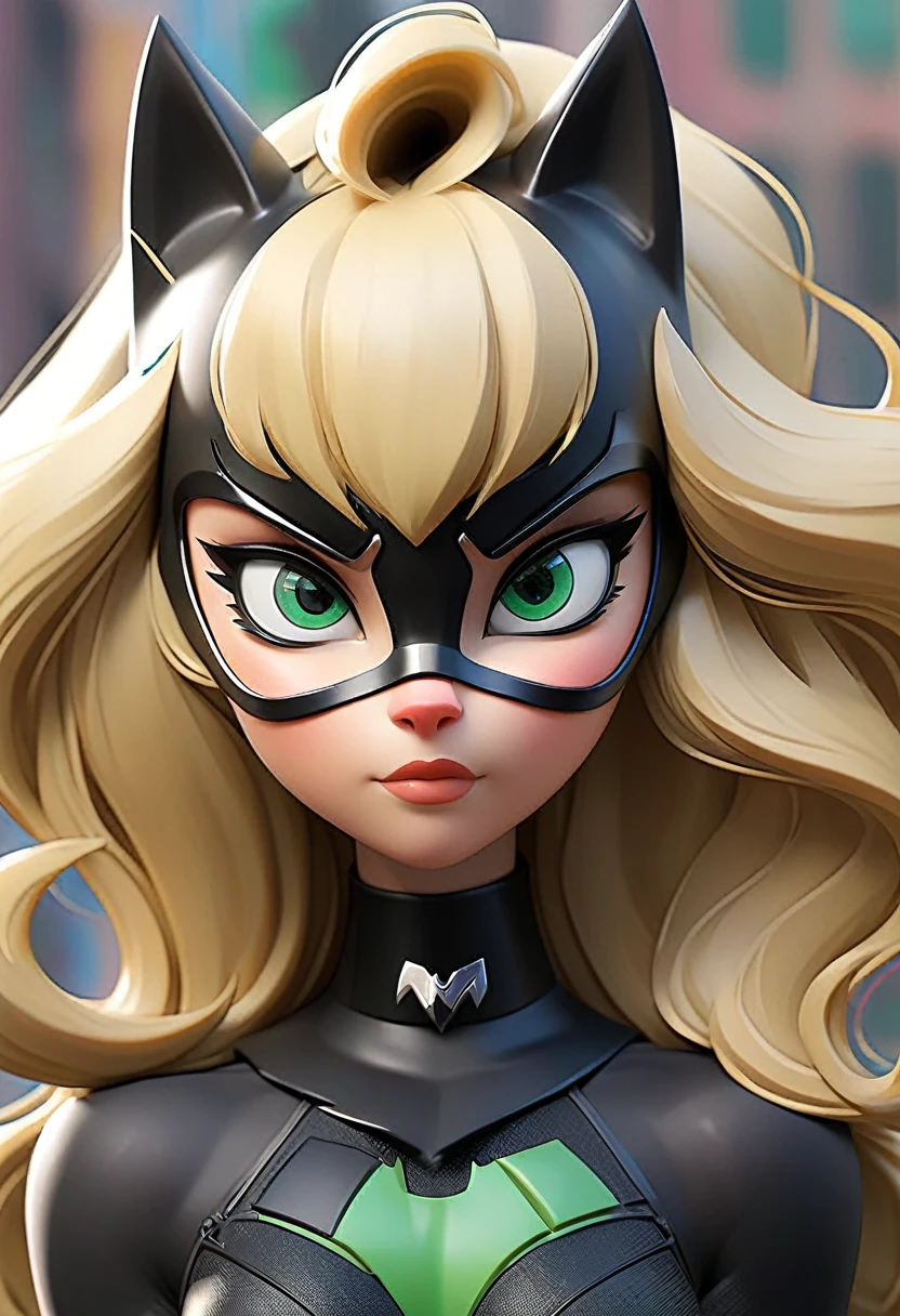 long, straight, blonde-haired, with bangs, Green, kicat-eyed, with black cat ears between her hair, black superhero mask around her eyes, black on outfit there is a cat logo on it