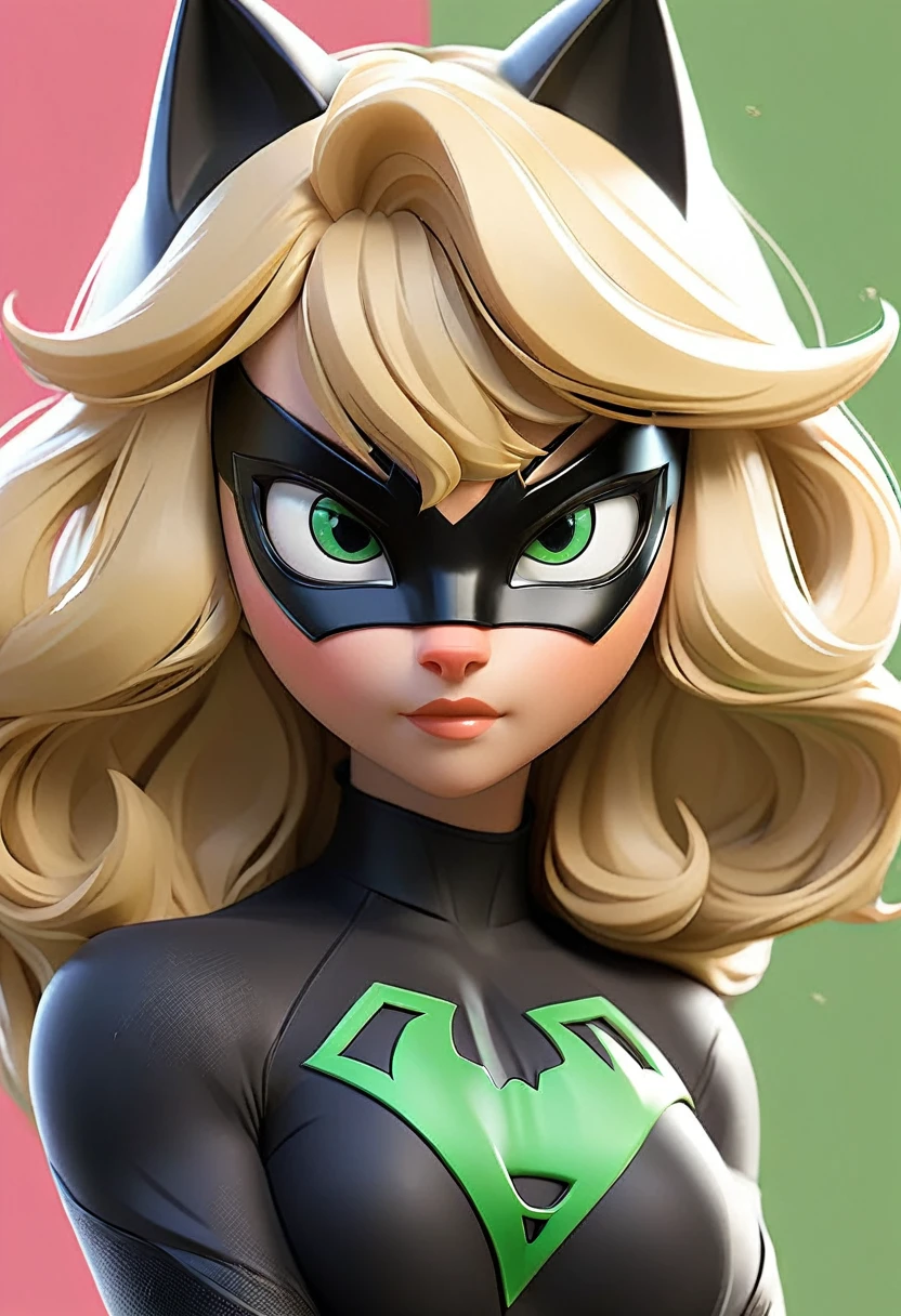 long, straight, blonde-haired, with bangs, Green,  kicat-eyed, with black cat ears between her hair, black superhero mask around her eyes, black on outfit there is a cat logo on it