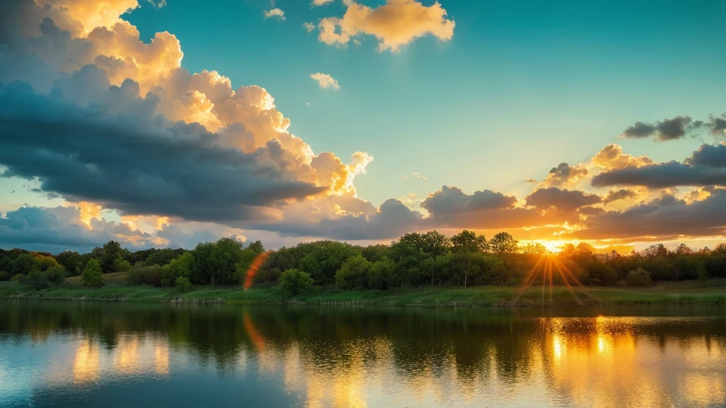 Beautiful landscape, sky, light, clearwater, summer, gold ,green